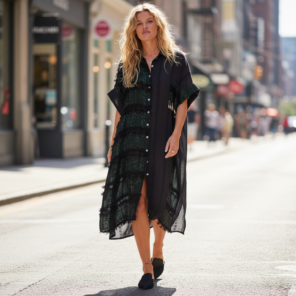 Women's black POL oversized button-up shirt dress with beaded fringe trim walking on city street boho outfit - BellanBlue