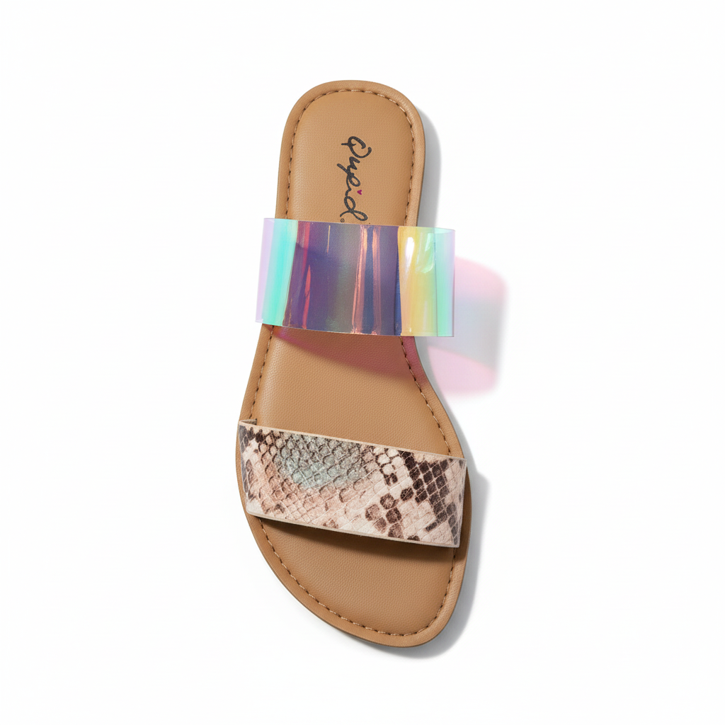 Top view of Qupid Athena holographic sandals size 5.5 showing tan cushioned footbed and blush snake print strap