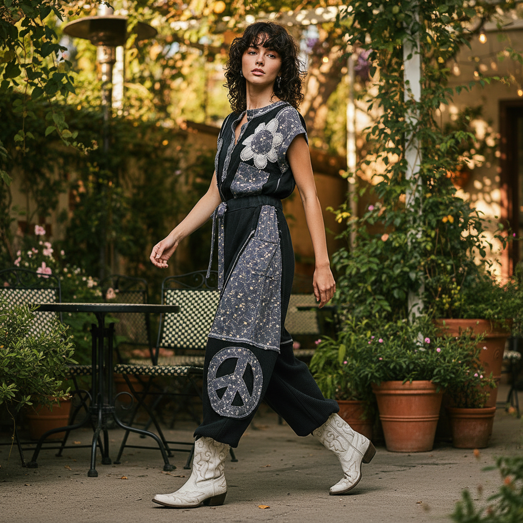 POL women's black patchwork overalls with peace sign and floral panels, walking pose, garden patio brunch