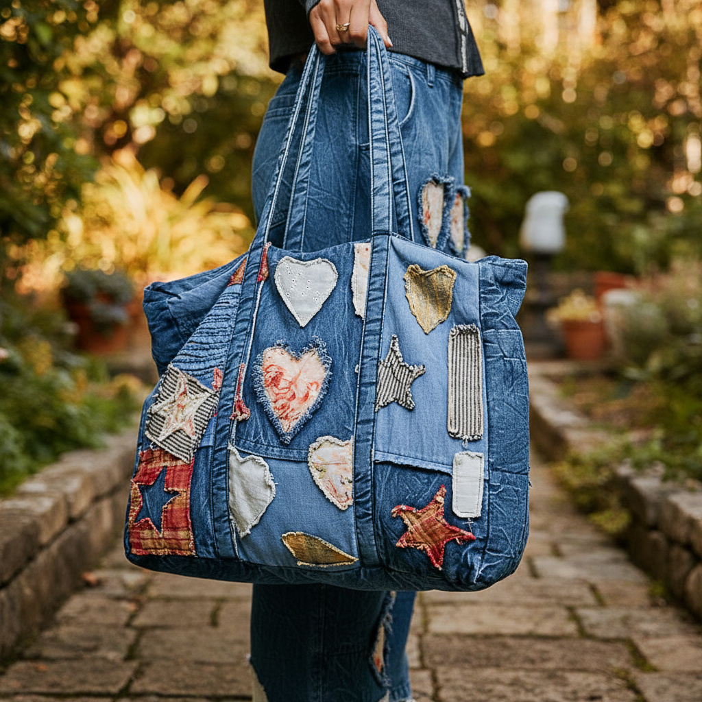 POL Clothing POL Patchwork Denim Tote Bag - Deep Denim showing lined interior, slip pocket, and cotton fabric texture