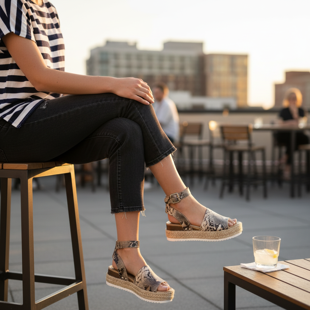 Women's dark grey python print espadrille platform sandals with jute sole styled with dark jeans rooftop café summer