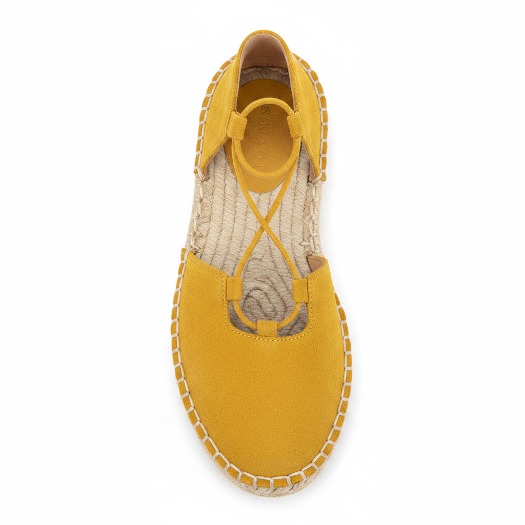 Qupid ELMORE-18A yellow suede PU espadrille lace-up flat sandal, top-down overhead view, white background
