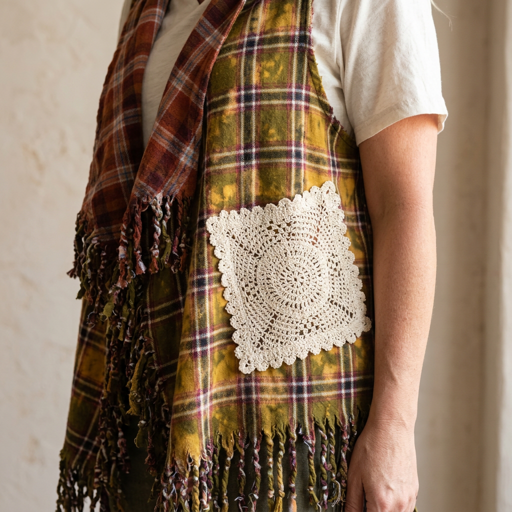 Cream square crochet pocket with a circular center on an olive and mustard plaid fringe vest.