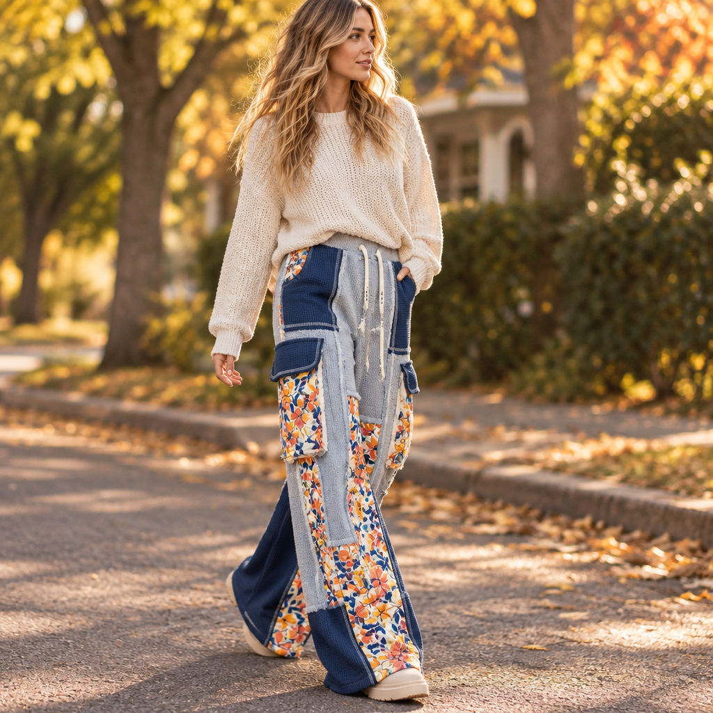 POL Clothing indigo quilted floral wide-leg lounge pants walking on a golden fall street