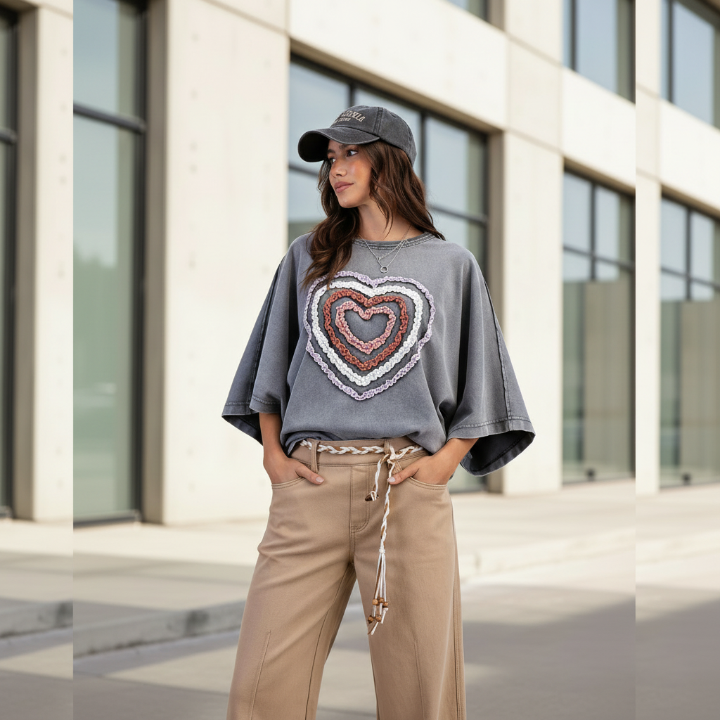 Oversized Heart Applique Terry Top in Smoke Gray - Lifestyle image styled with wide-leg trousers and sneakers