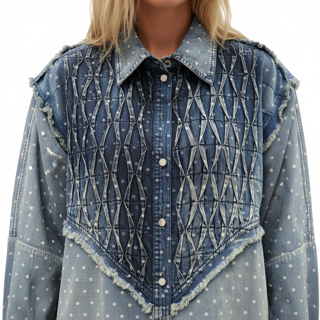 Women's blue denim jacket diamond quilted smocked panel frayed raw-edge seam detail artisan texture