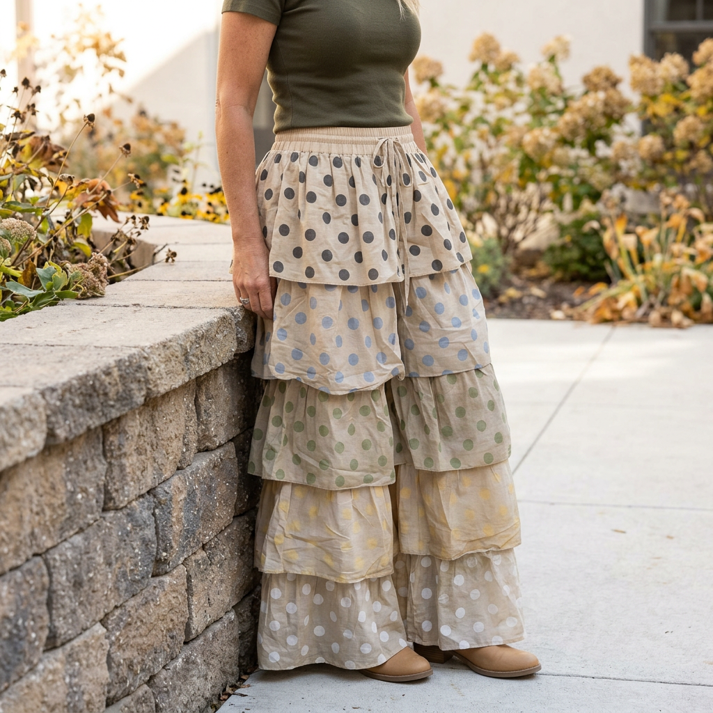 A Rare Bird Shop women's beige tiered polka dot pants styled with an olive top beside a garden wall