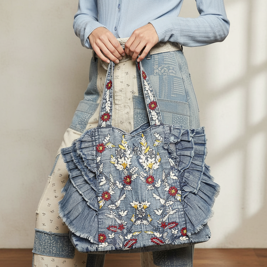 Women's denim tote bag embroidery and ruffle detail close-up, boho boutique lifestyle