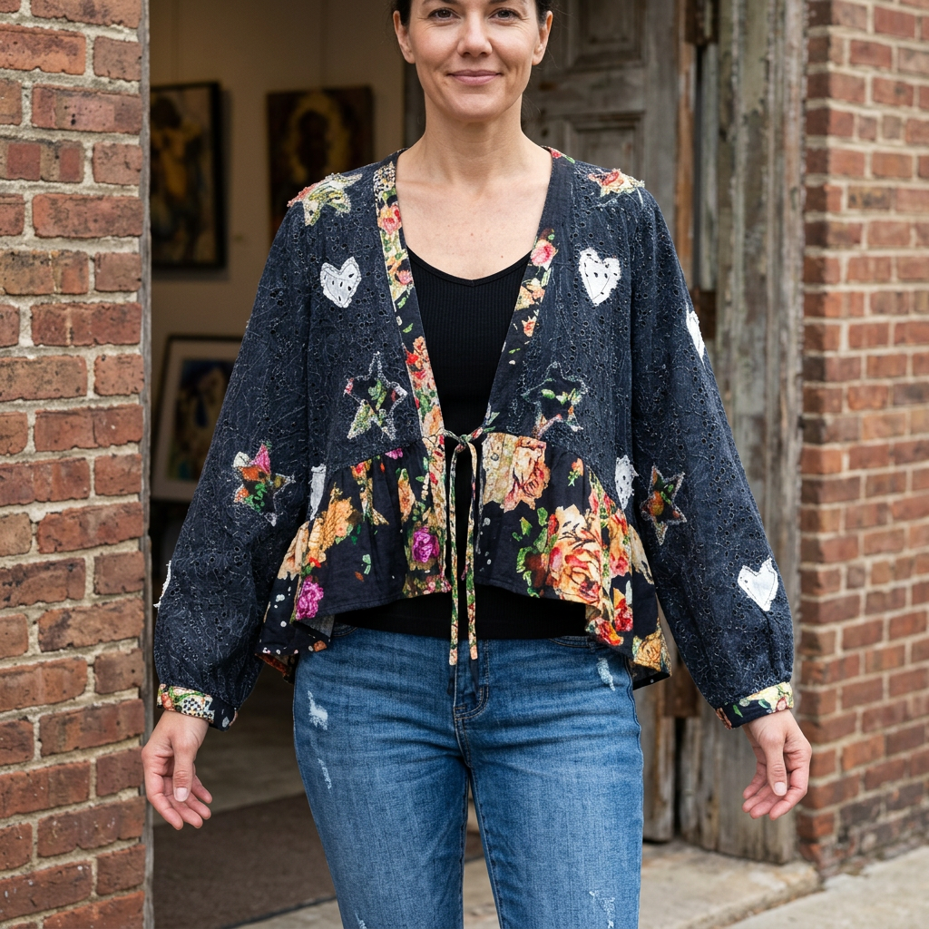 Black eyelet cardigan with heart and star appliqués and a floral ruffle hem, styled with jeans at a brick doorway.
