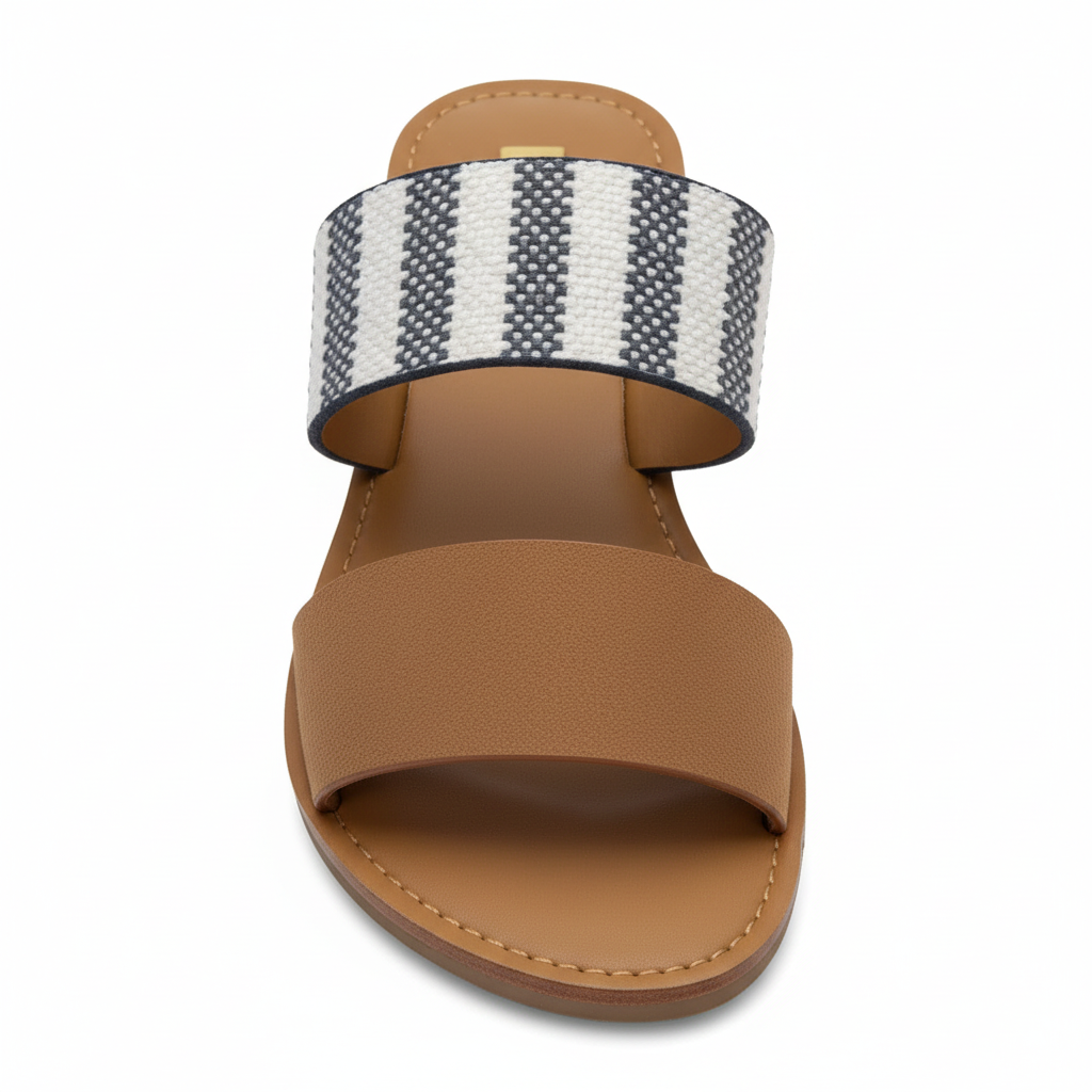 Qupid women's camel two-band flat slide sandal front view with striped woven upper strap and gold brand plate - BellanBlue