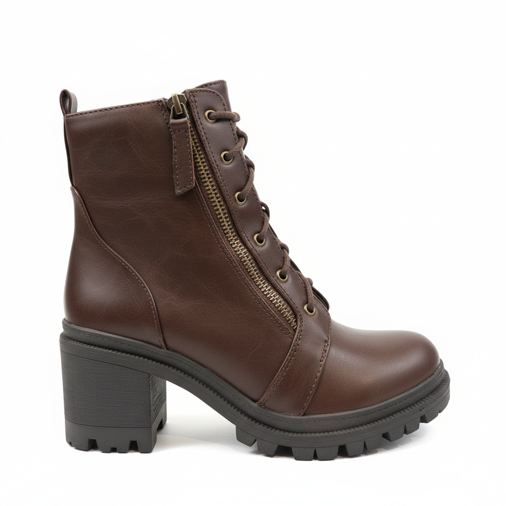 Women's brown combat ankle boots side profile - platform heel and chunky sole detail