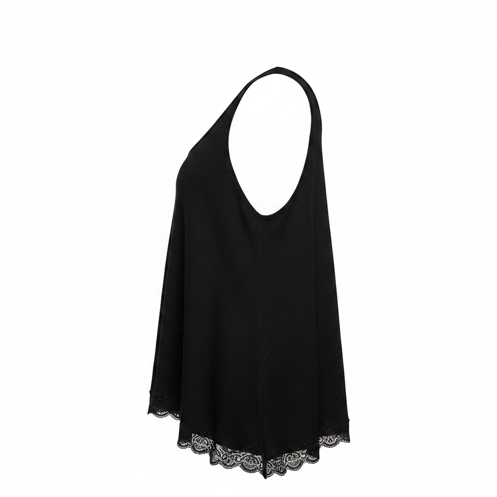 Women's POL black ribbed lace neckline tank top V-neck close-up front detail studio white background
