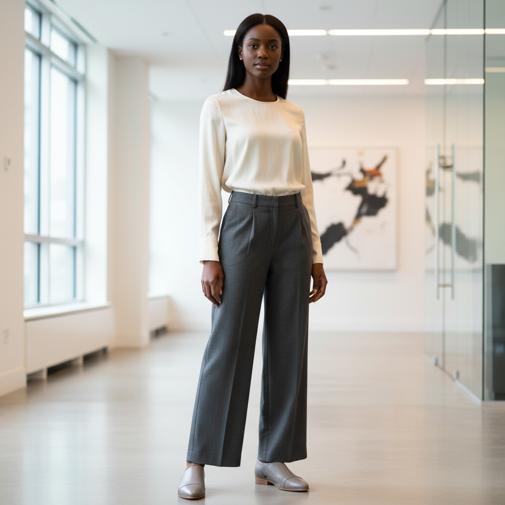Women's grey leather D'Orsay cutout flats with pointed toe styled with wide-leg trousers in a modern office