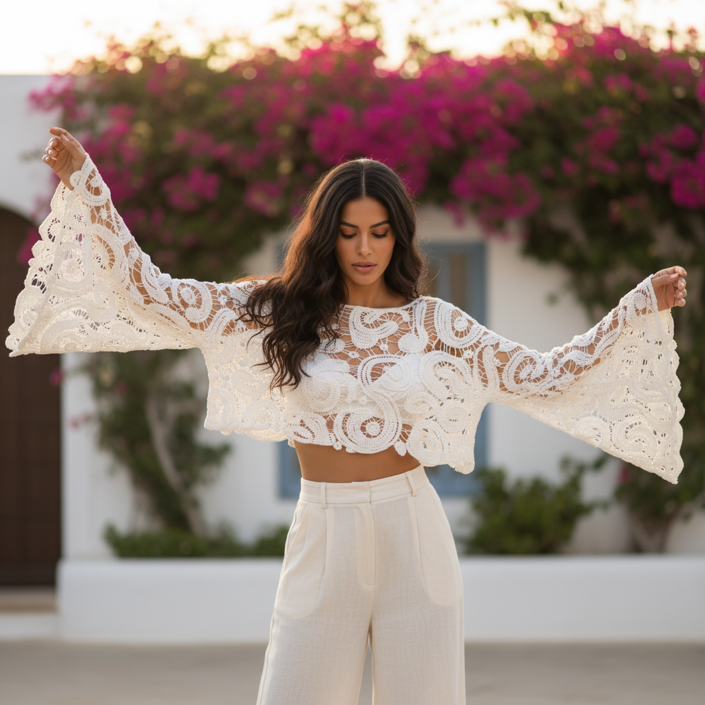 Women's white sheer paisley crochet crop top bell sleeves Mediterranean terrace wide-leg trousers - BellanBlue