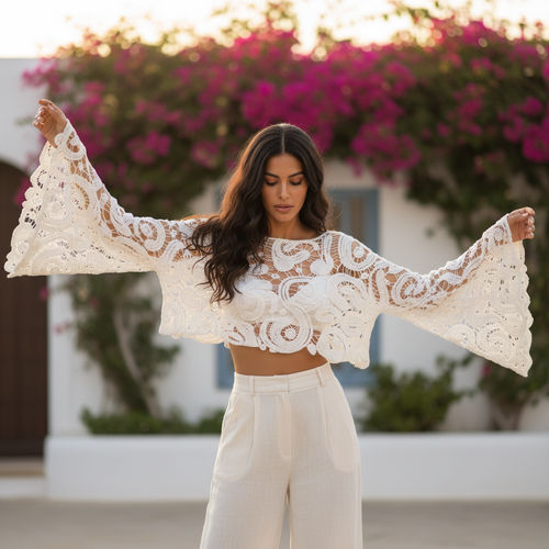 Women's white sheer paisley crochet crop top bell sleeves Mediterranean terrace wide-leg trousers - BellanBlue