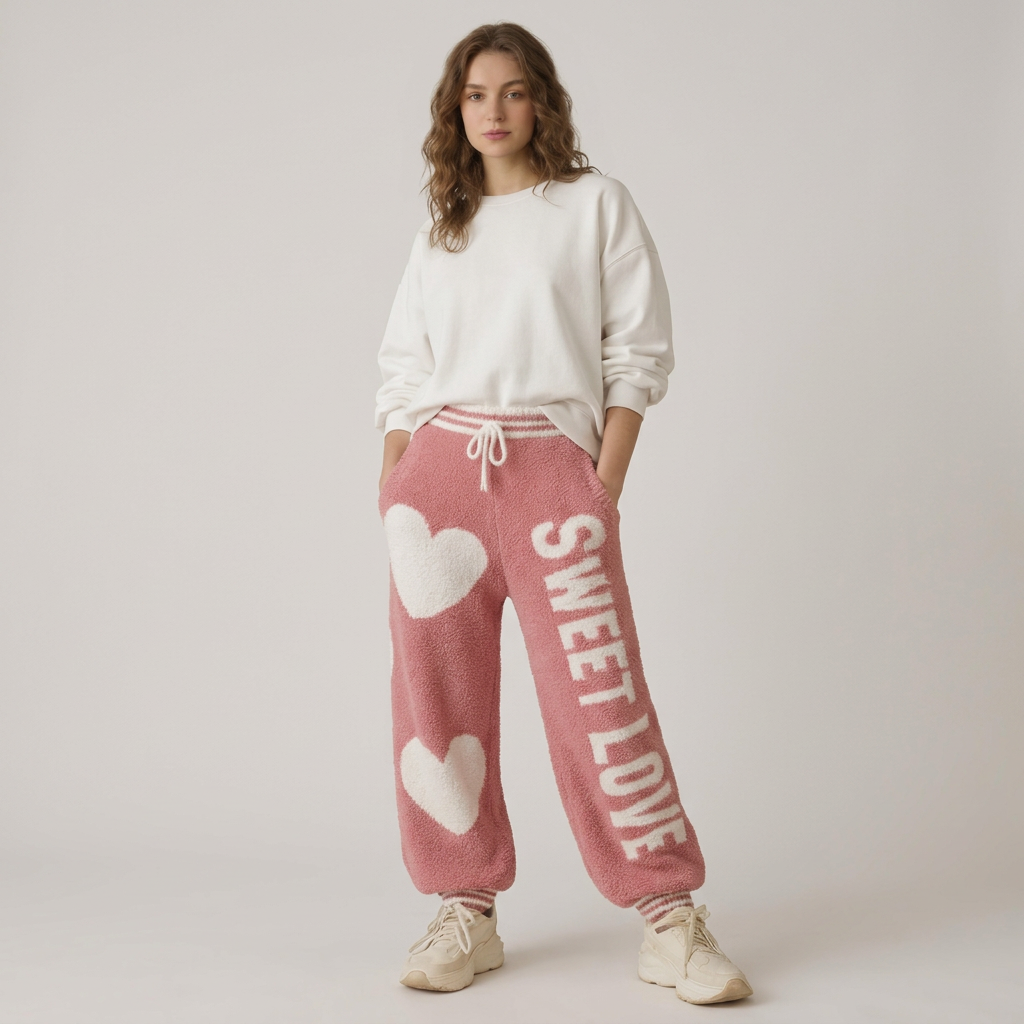Front view of pink Sweet Love heart joggers with a white sweatshirt and cream sneakers against light gray.
