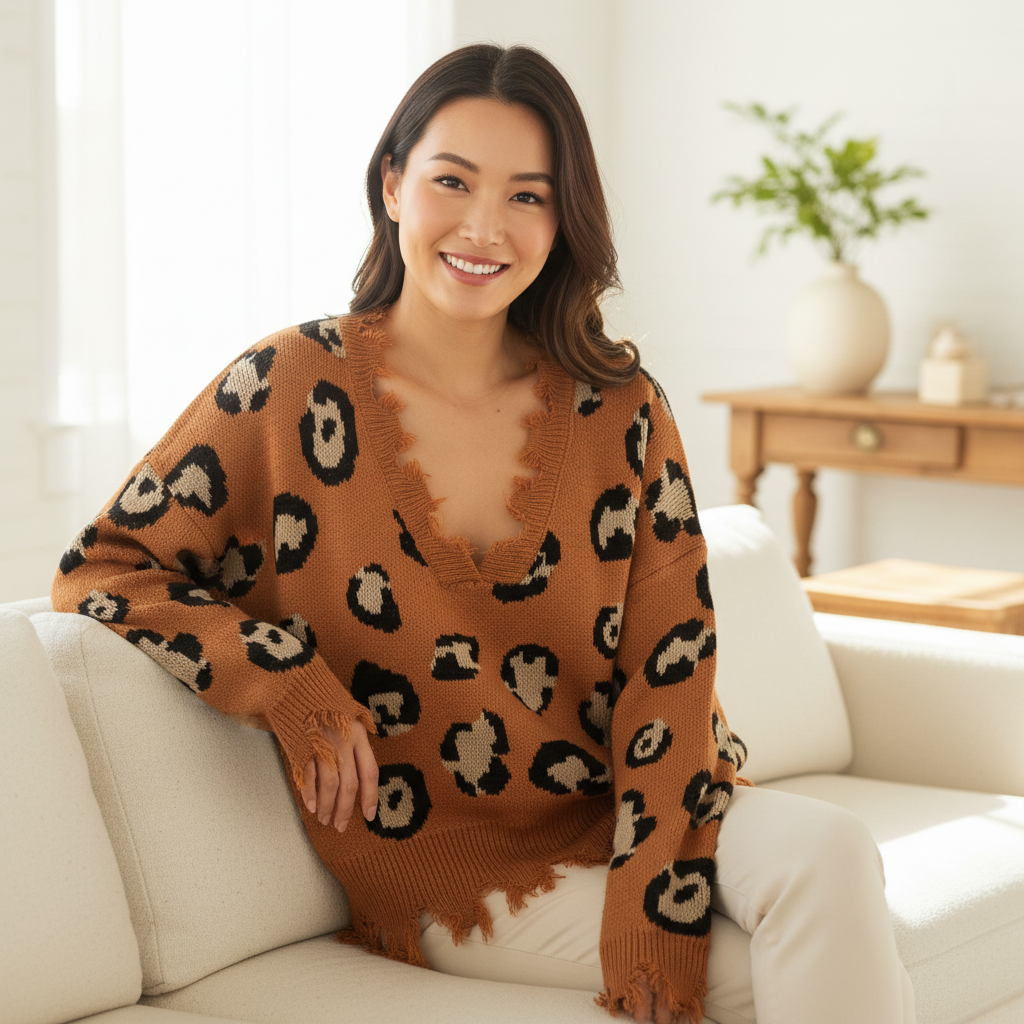 Women's camel leopard print knit sweater, seated, frayed fringe hem, cozy oversized relaxed silhouette