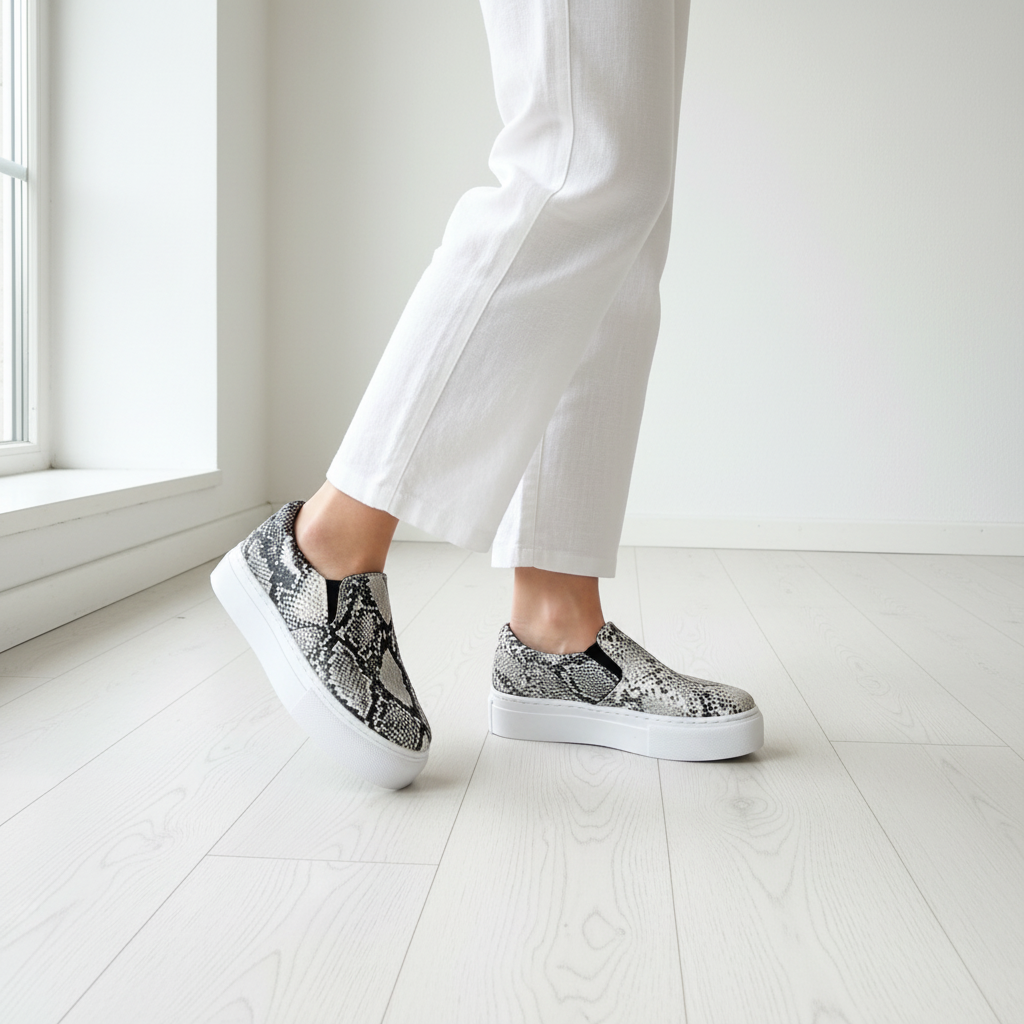 Women's snakeskin platform slip-on loafer sneaker white linen pants wood floor lifestyle