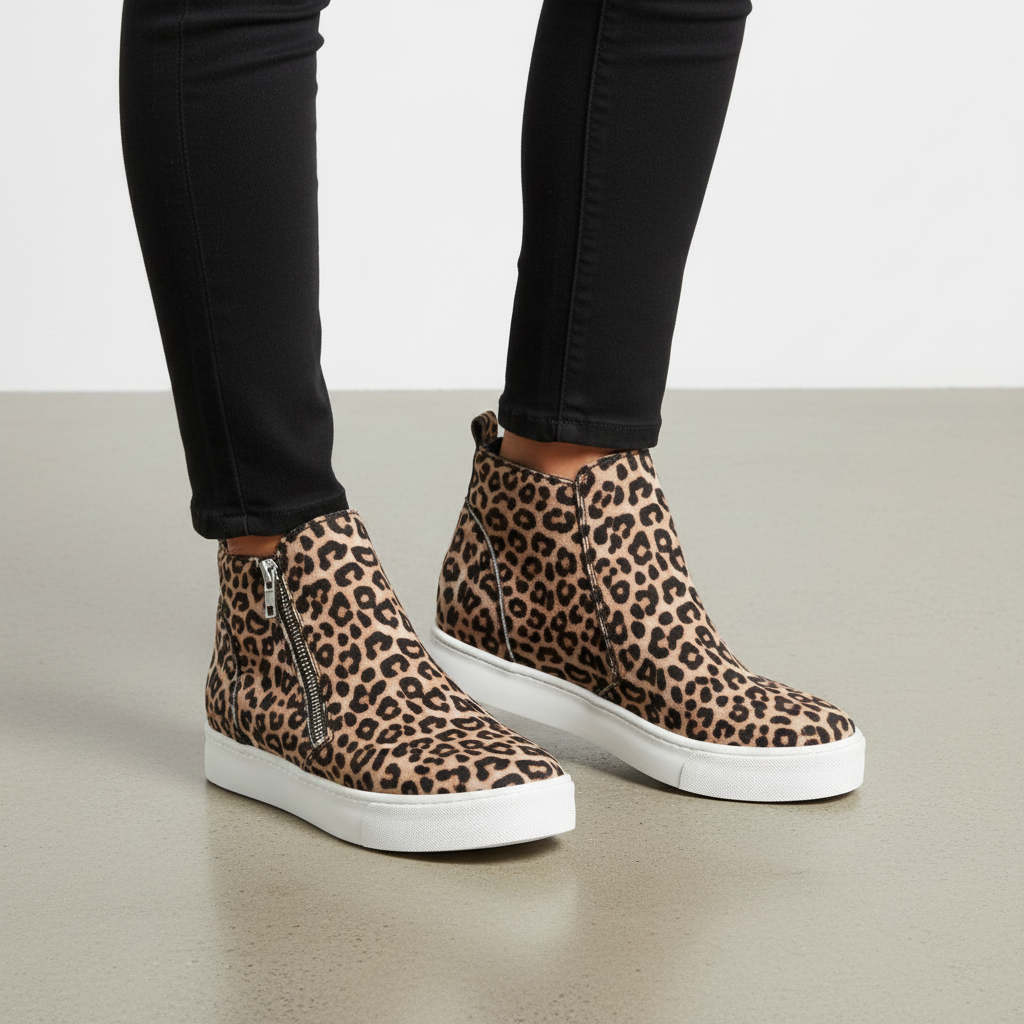Women's leopard print platform sneaker booties paired on concrete showing dual zipper detail and white platform sole