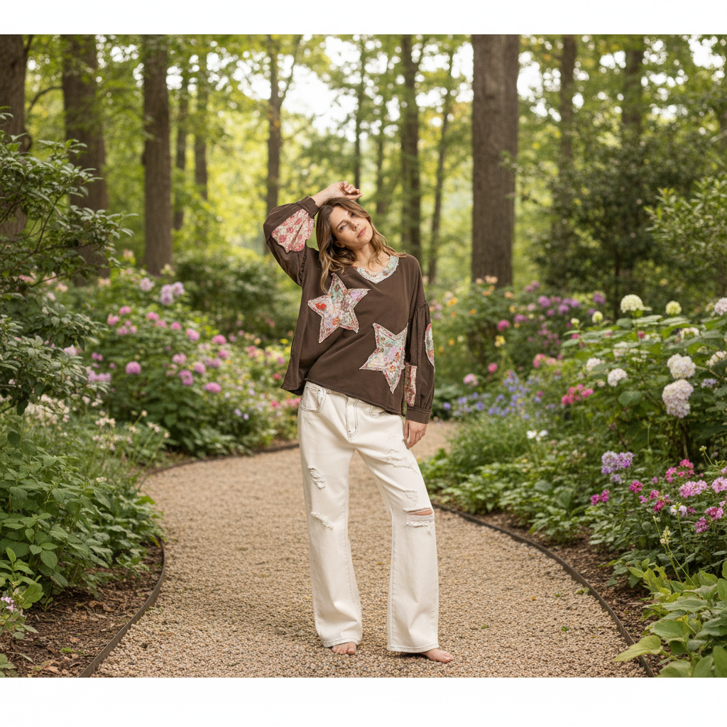 Brown boho patchwork floral top styled on model in relaxed outdoor setting