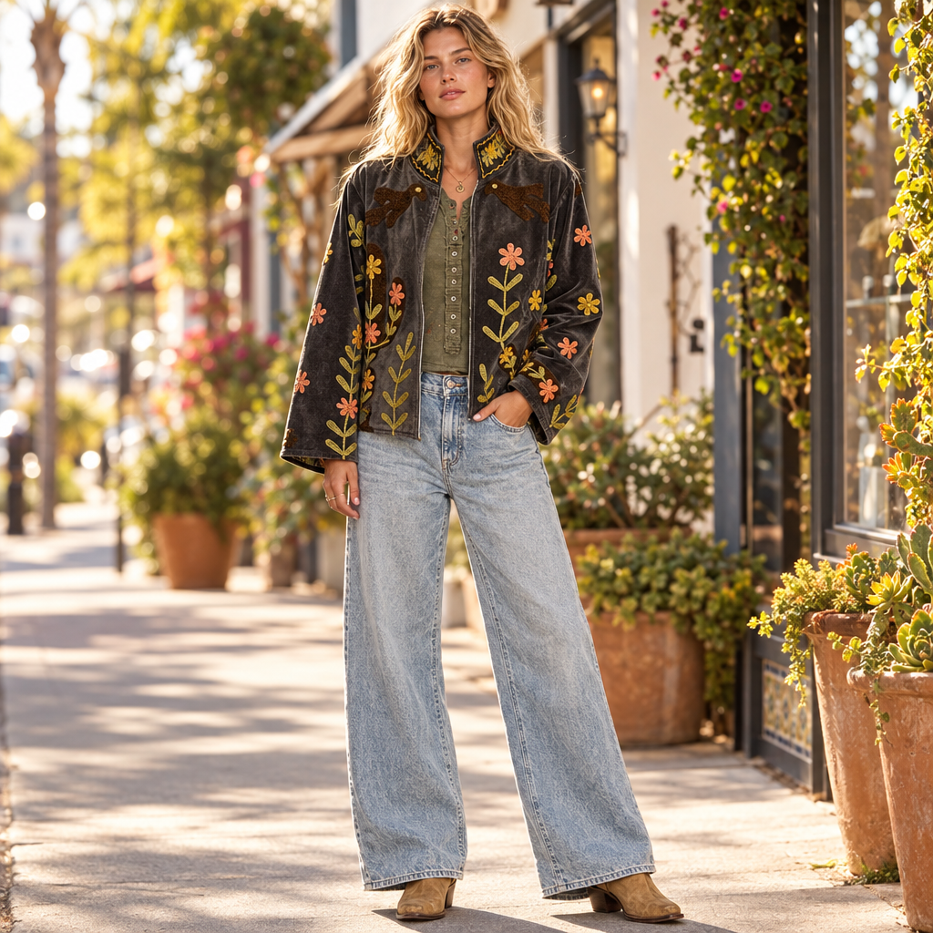 POL Clothing women's charcoal floral embroidered velvet jacket, open front, styled on a sunny street - BellanBlue