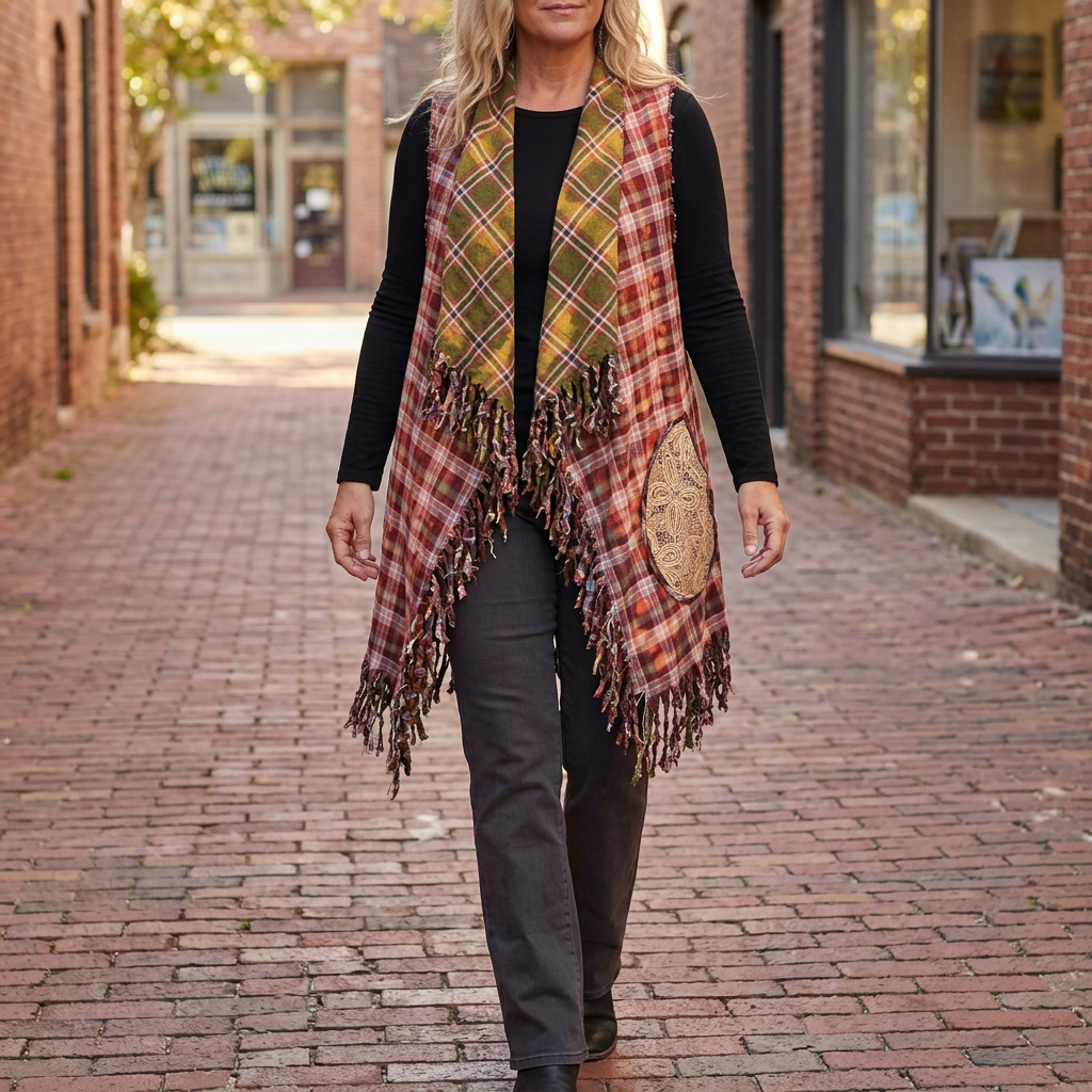 Rust plaid reversible vest with olive lapels, ornate pocket and fringe, worn over black on a brick lane.