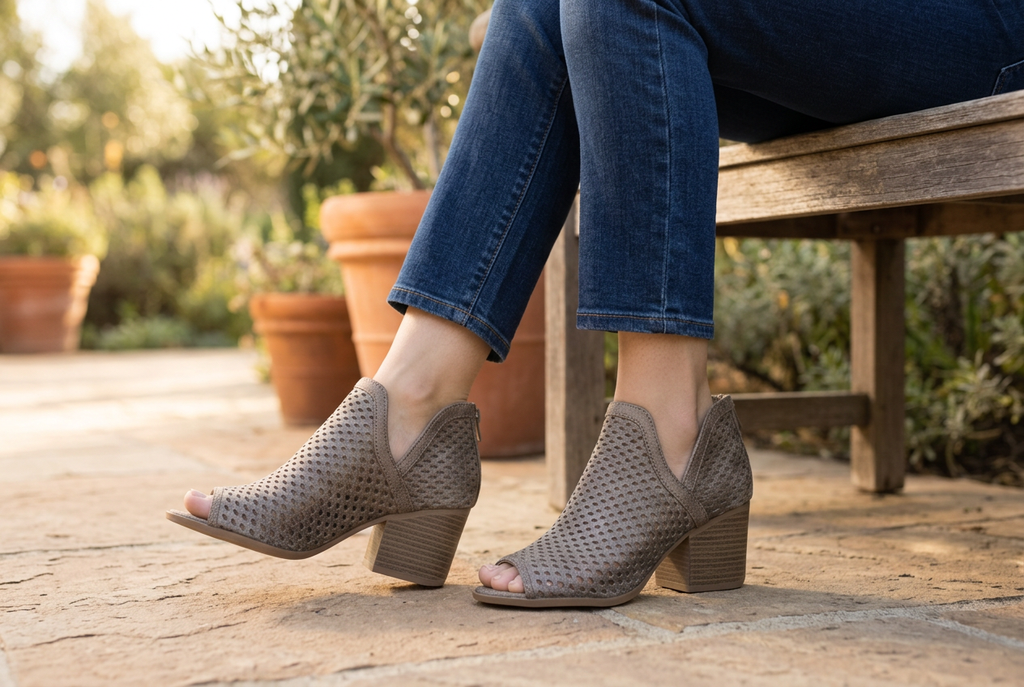 Woman in cropped jeans wearing taupe perforated peep-toe block heel booties beside a wooden garden bench.