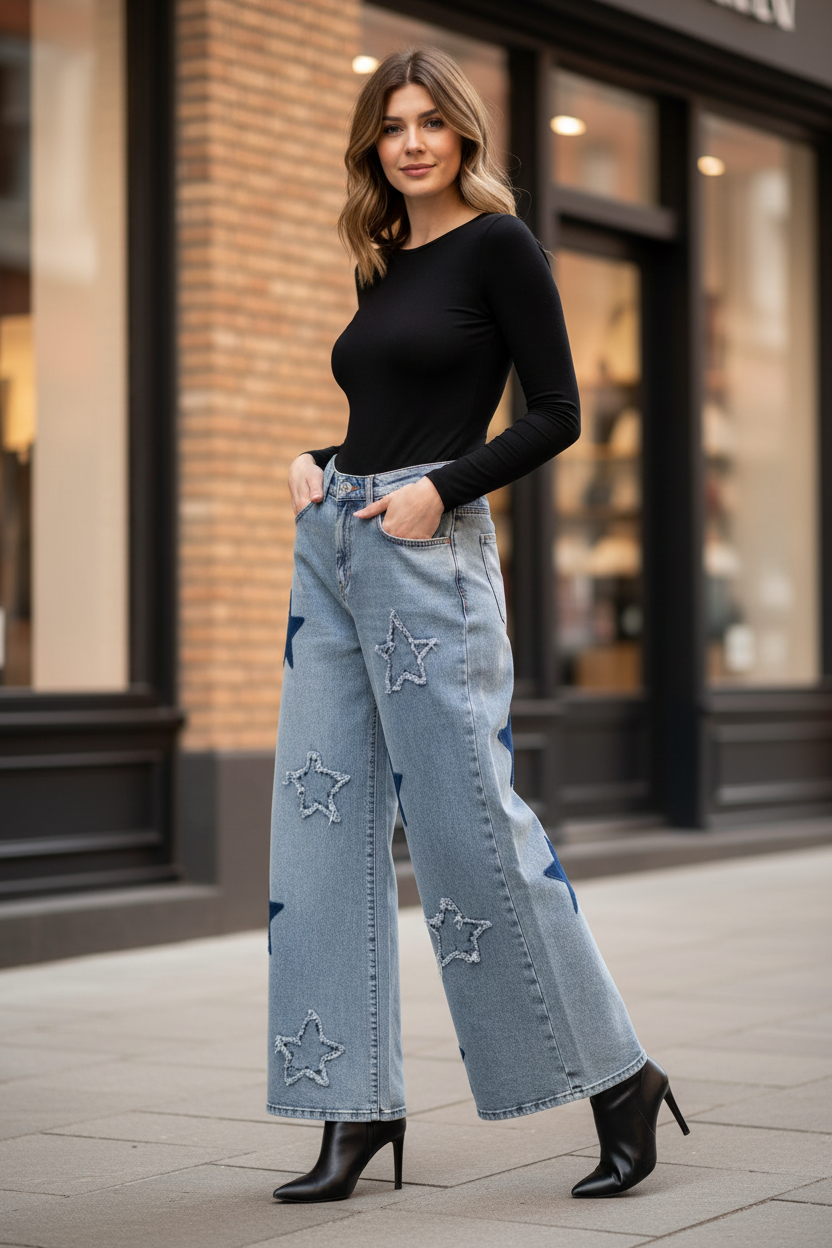 Star Patch Wide-Leg Jeans styled with fitted bodysuit and heels for dressed-up casual look - lifestyle photo