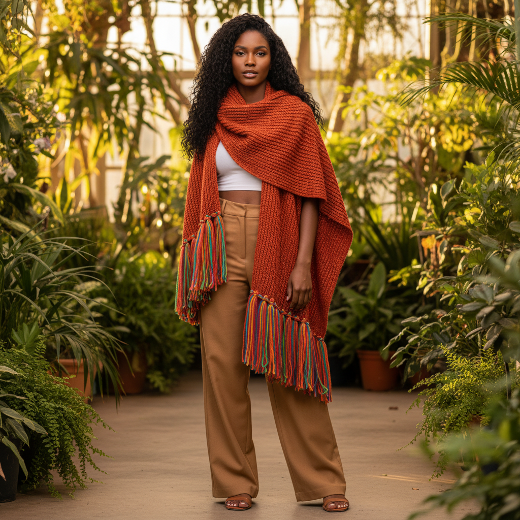 Women's rust speckled knit scarf wrap with rainbow fringe, looped over crop top and camel trousers – BellanBlue