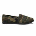 Women's camouflage canvas slip-on flat shoe, side profile view showing black rubber sole, white background
