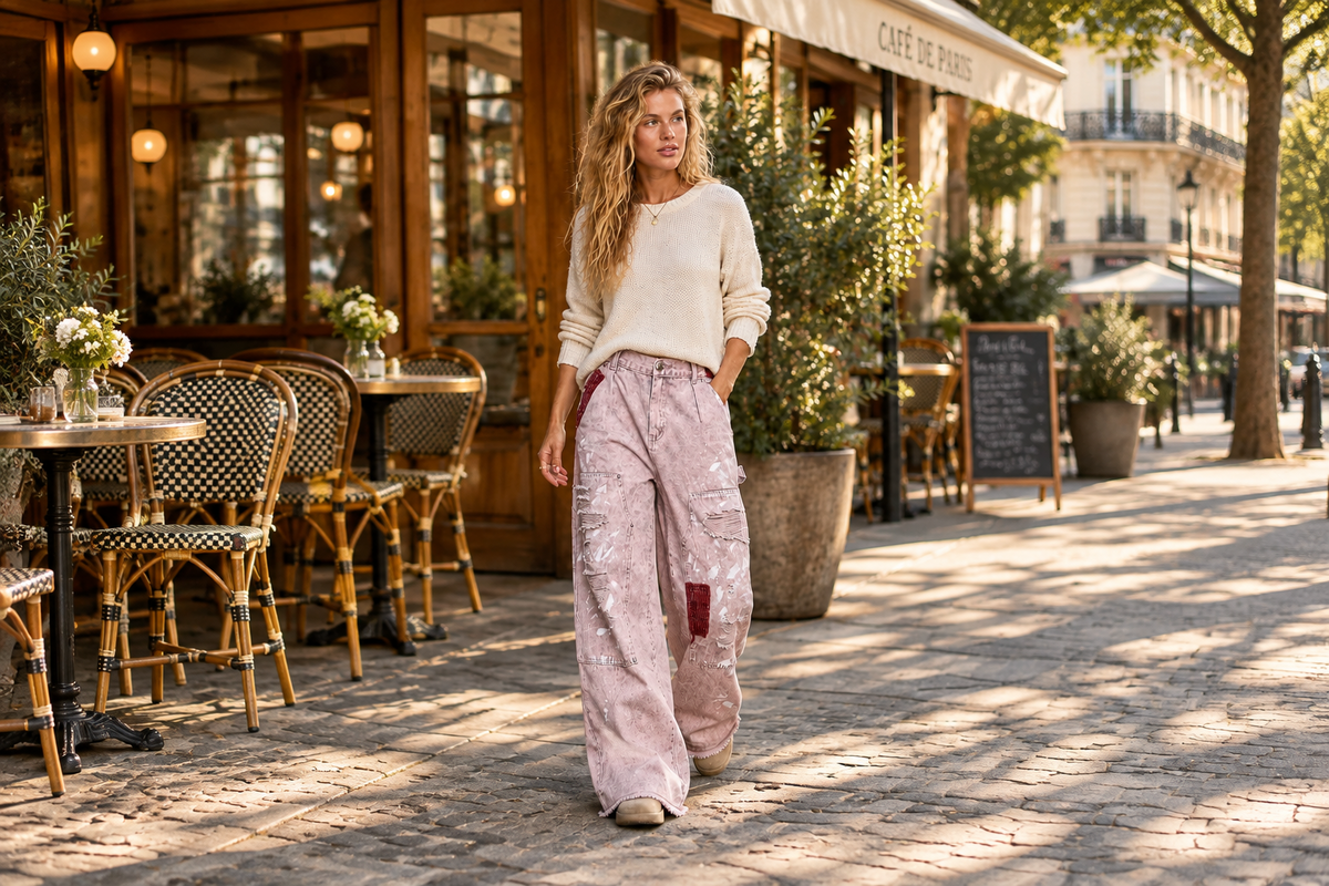 POL Clothing Cloud Pink carpenter pants with distressed knees, worn walking by an outdoor cafe