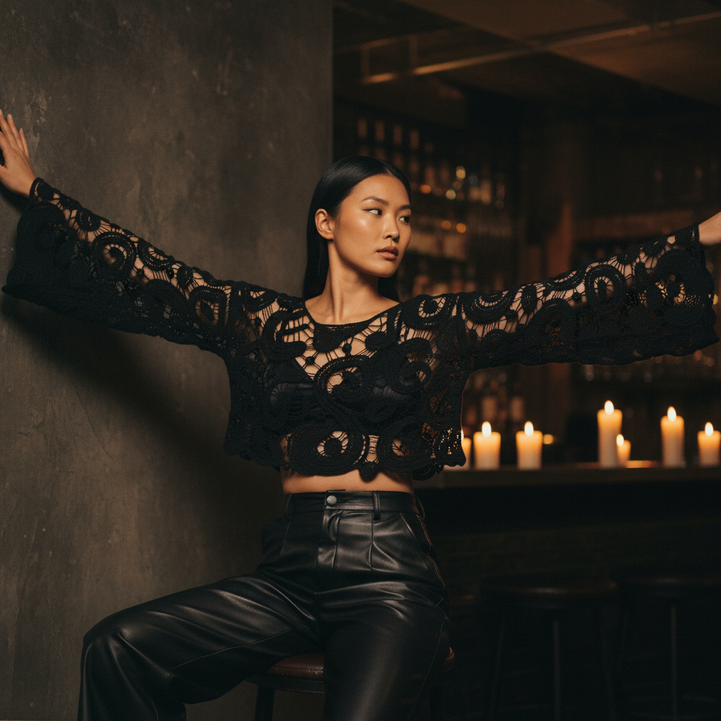 Women's black crochet bell sleeve crop top moody lounge seated arms extended scalloped fringe hem