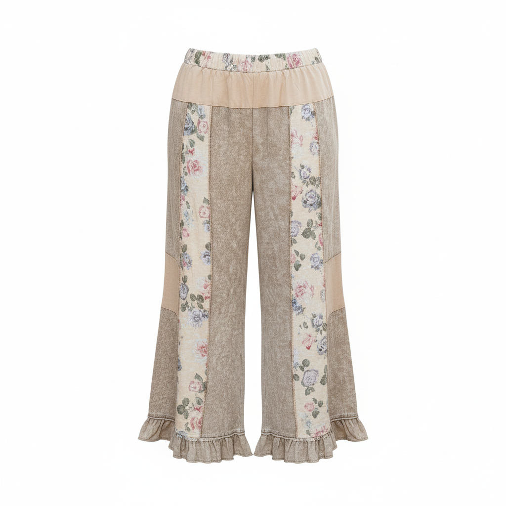 Women's brown patchwork floral wide-leg pants ghost mannequin front view mineral wash relaxed fit - BellanBlue