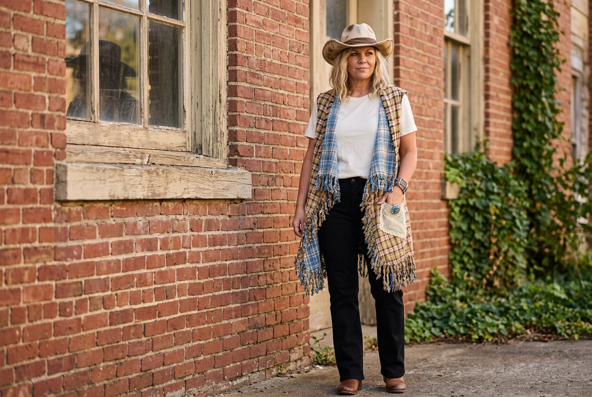 Earthy plaid vest with blue inner lapels and a cream crochet pocket, worn with black trousers beside a brick wall.