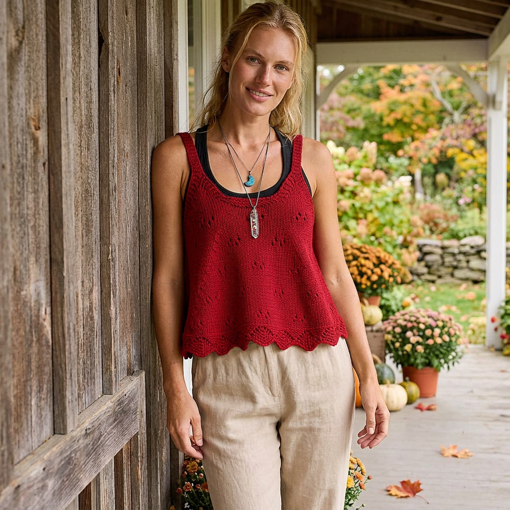 Ruby A-line knit camisole with beige trousers, model leaning against a wooden porch
