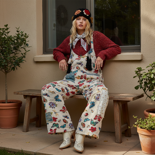POL almond butterfly patchwork cotton overalls seated café styling, relaxed wide-leg fit, women's
