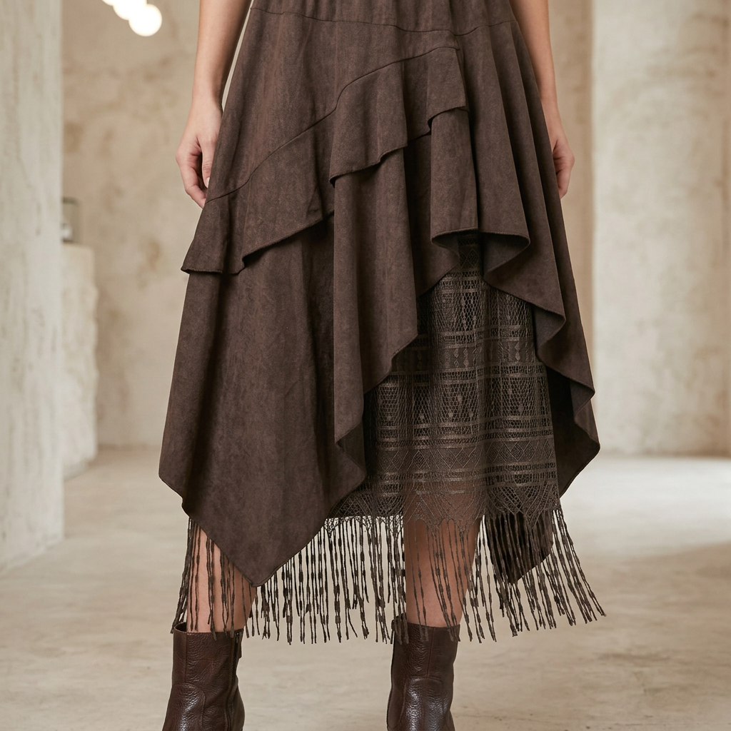 Brown asymmetric skirt panels over geometric openwork lace and fine fringe, worn with ankle boots.