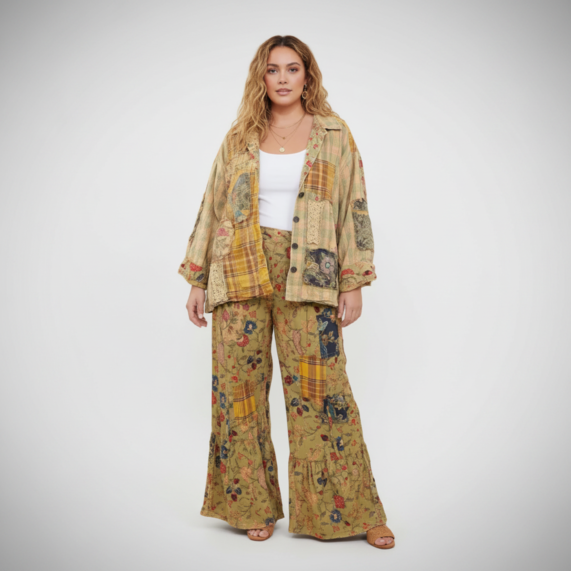 Women's golden olive patchwork boho jacket, cream studio backdrop, palazzo pants, relaxed oversized fit