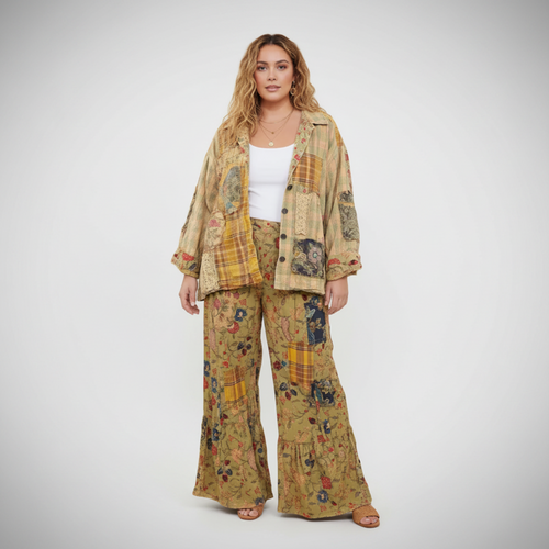Women's golden olive patchwork boho jacket, cream studio backdrop, palazzo pants, relaxed oversized fit