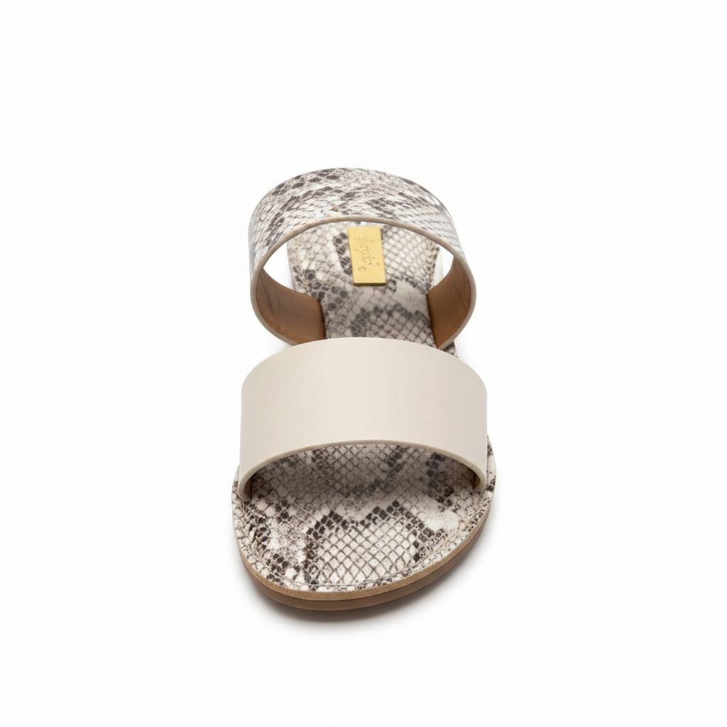 Qupid women's off-white two-band flat slide sandal front view with python snake print footbed and gold brand plate - BellanBlue