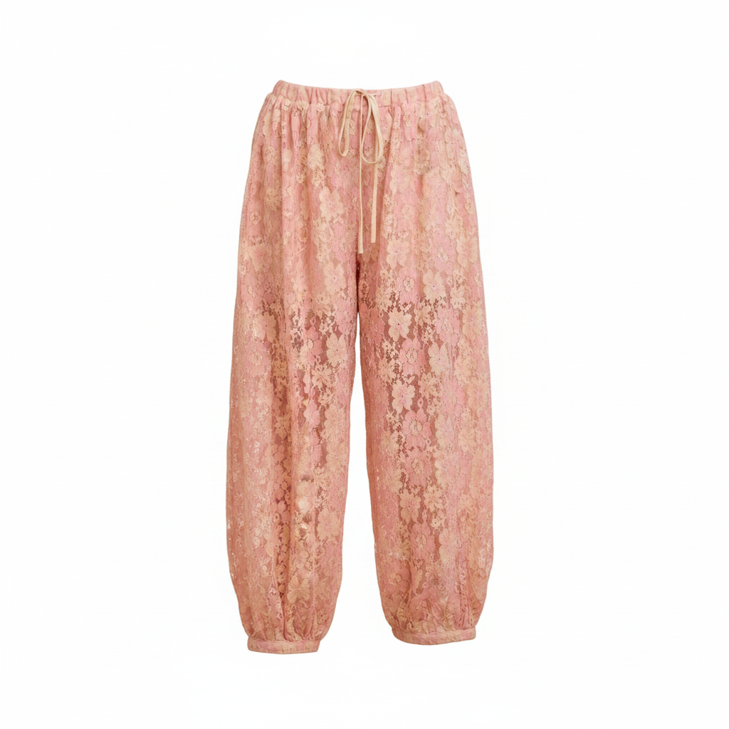 Women's blush floral lace balloon pants, drawstring waist, semi-sheer lace over shorts lining, relaxed fit