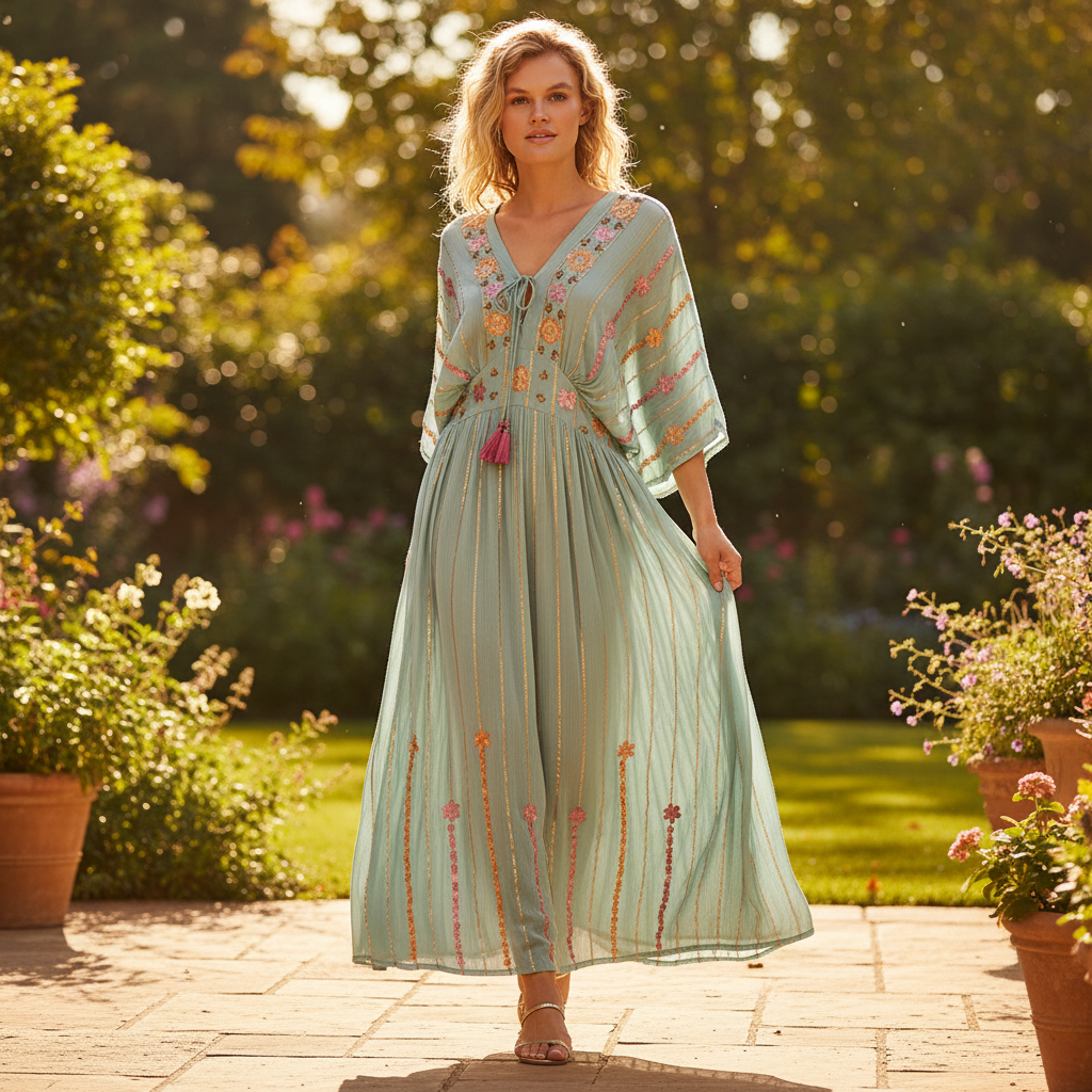 POL women's seafoam green floral embroidered maxi dress, batwing sleeves, walking movement, outdoor setting