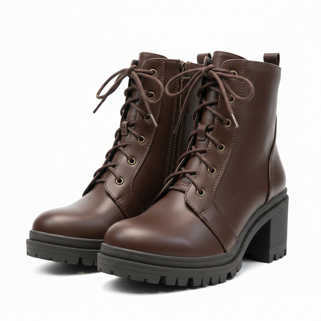 Soda Indiana-S chocolate brown combat ankle boots pair, front three-quarter studio view - BellanBlue