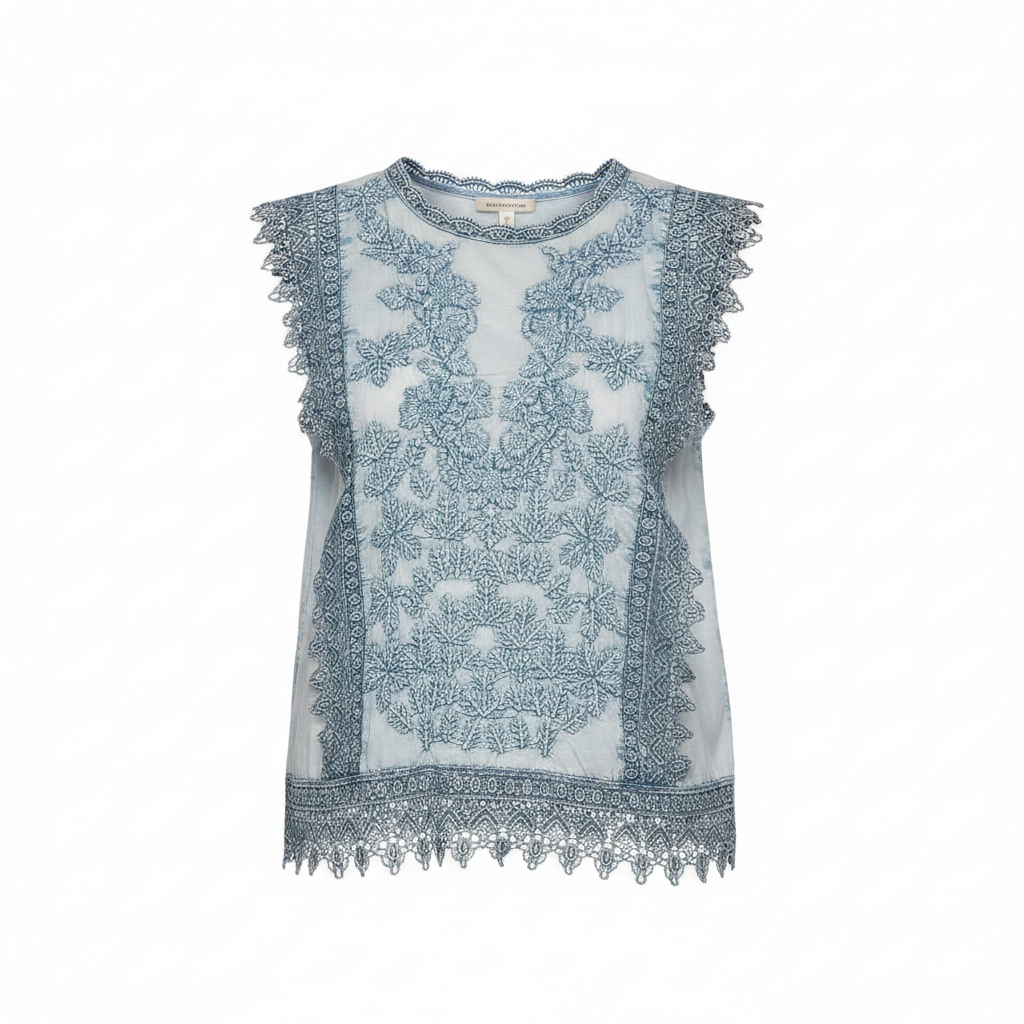 Women's denim blue embroidered sleeveless crop top front view, scalloped crochet hem