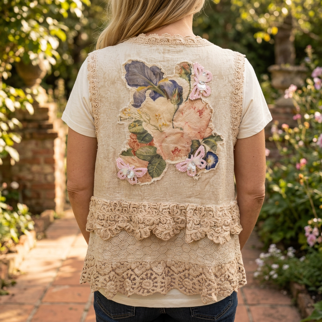 A Rare Bird Shop women's beige vest back with vintage floral patch and three pink butterflies on a garden path