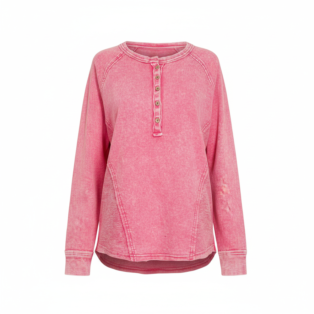 Women's fuchsia washed French terry button henley raglan top front view - BellanBlue