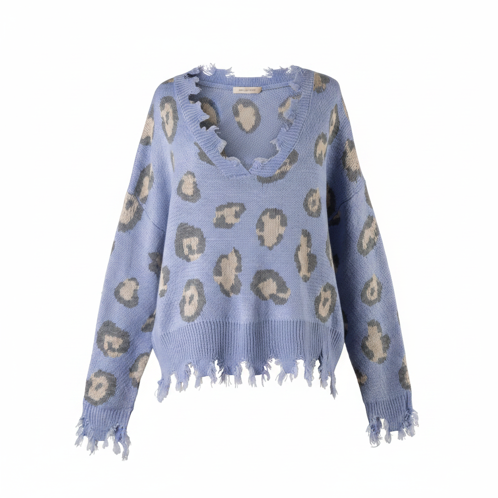 Women's blue leopard print distressed knit sweater ghost mannequin front, frayed V-neckline, oversized fit