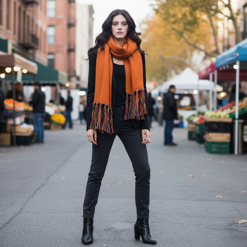 Women's rust speckled knit scarf wrap tied over blazer and slim trousers, multicolor boho fringe