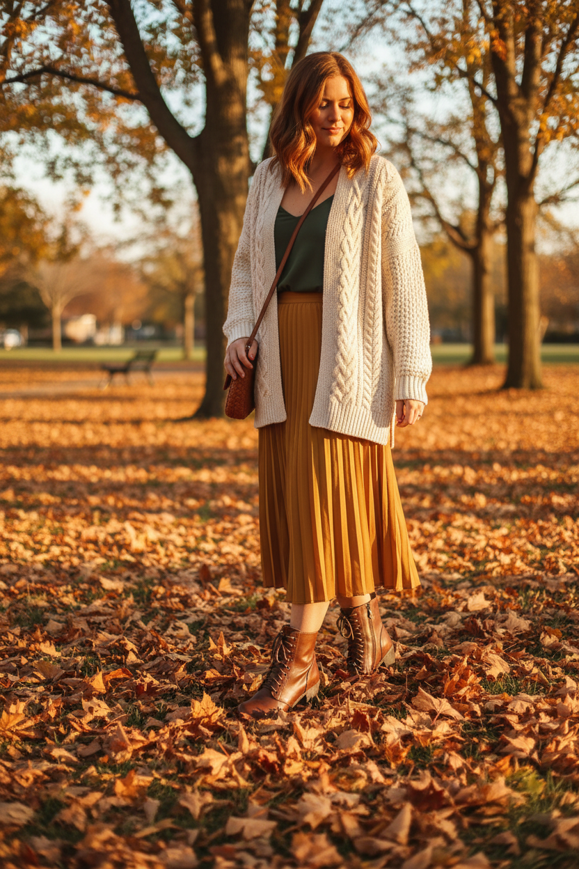 Woman wearing brown combat boots with midi skirt in autumn park setting