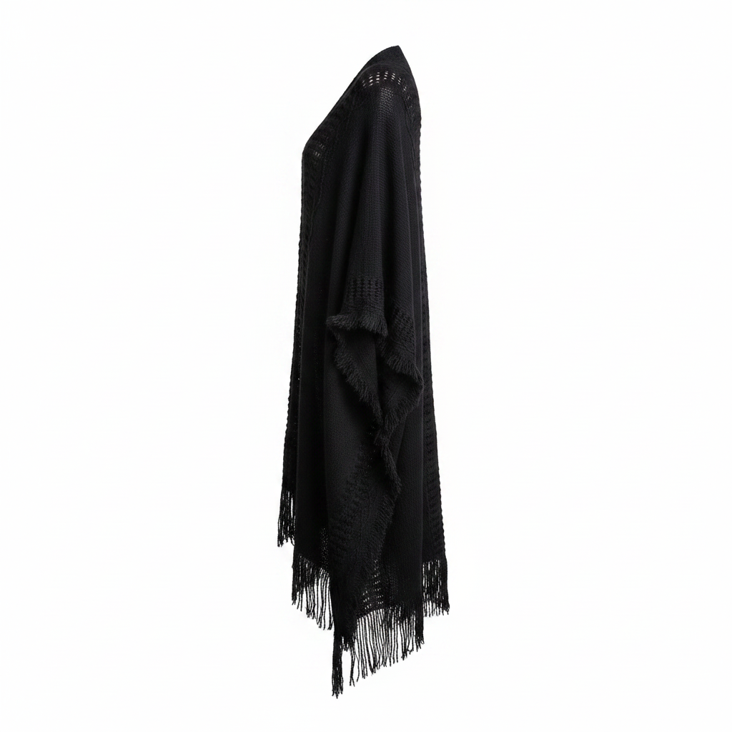 Women's black open-knit wrap cardigan, side profile, floor-length batwing sleeve, frayed trim